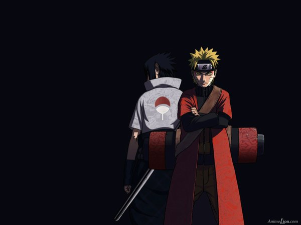 Anime picture 1600x1200 with naruto studio pierrot naruto (series) uzumaki naruto uchiha sasuke looking at viewer short hair black hair blonde hair yellow eyes inscription multiple boys facial mark dark background whisker markings back to back jinchuriki boy weapon sword