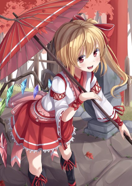 Anime picture 1102x1557 with touhou flandre scarlet gurasion (gurasion) single tall image blush short hair open mouth blonde hair red eyes one side up girl dress bow hair bow wings boots leaf (leaves) umbrella crystal