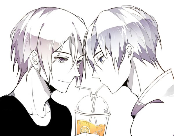 Anime picture 1276x1000 with free! kyoto animation matsuoka rin nanase haruka (free!) kurasaki ken short hair blue eyes simple background white background upper body profile pink eyes light smile grey hair multiple boys face to face shounen ai drinking partially colored boy