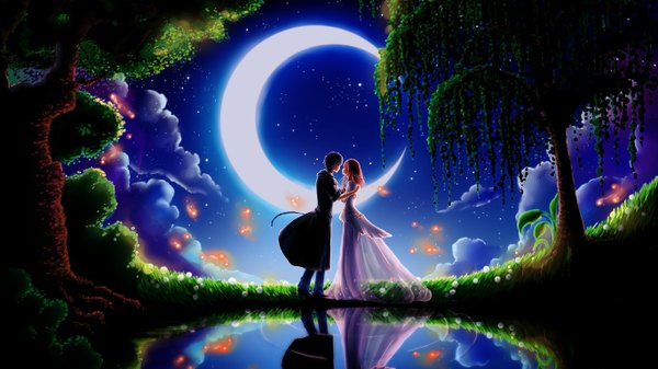 Anime picture 1366x768 with tagme (artist) long hair short hair black hair brown hair wide image cloud (clouds) night night sky couple reflection crescent lake girl dress boy plant (plants) tree (trees) star (stars) fireflies
