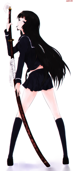 Anime picture 699x1632 with ga-rei zero isayama yomi nekoya (liu) single long hair tall image looking at viewer black hair simple background standing white background holding signed full body pleated skirt looking back from behind black eyes sheathed girl