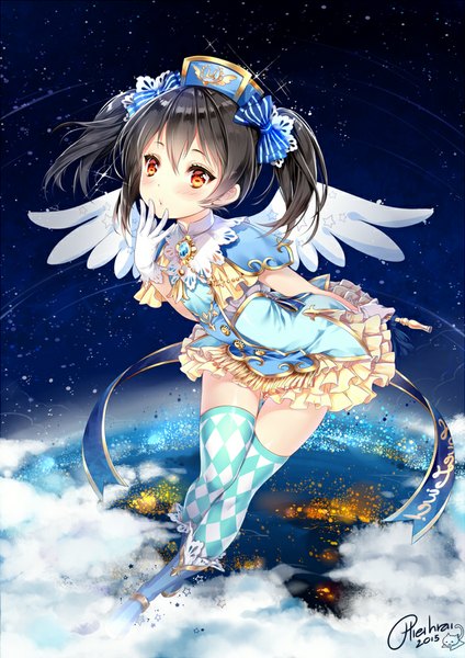 Anime picture 707x1000 with love live! school idol project sunrise (studio) love live! yazawa nico hieihirai single long hair tall image looking at viewer blush fringe black hair twintails holding signed cloud (clouds) from above night orange eyes leaning