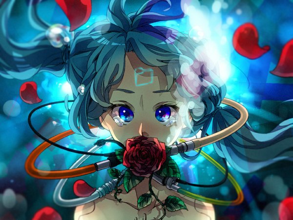 Anime picture 1000x750 with vocaloid hatsune miku meo (artist) single looking at viewer twintails bare shoulders aqua eyes aqua hair tears underwater crying girl flower (flowers) petals water rose (roses) bubble (bubbles)
