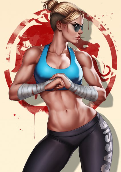 Anime picture 630x891 with mortal kombat cassie cage dandon fuga single tall image short hair breasts light erotic blonde hair signed looking away cleavage profile realistic shadow midriff muscle girl navel crop top