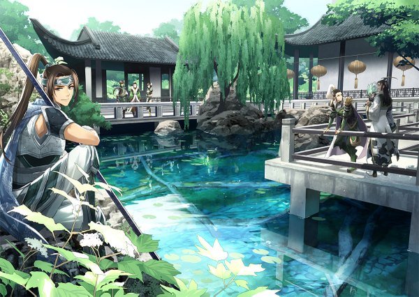 Anime picture 1200x853 with shin sangoku musou zhao yun xing cai zhuge liang liu bei liu shan jiang wei toti (pixiv) long hair black hair brown hair sitting ponytail light smile multiple boys fur trim group architecture east asian architecture boy