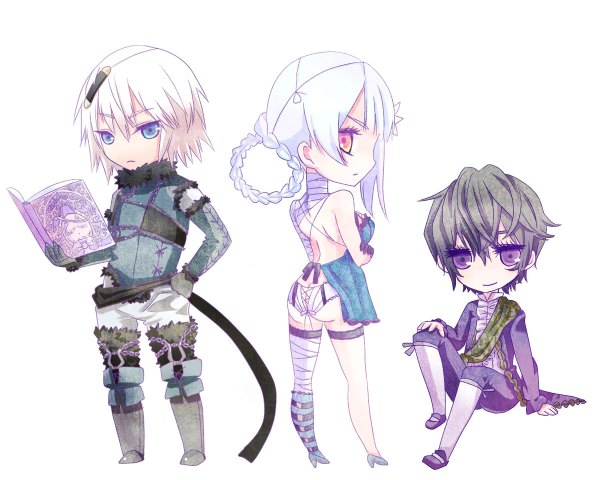 Anime picture 1200x960 with nier kaine (nier) nier (young) emil (no.7) grimoire weiss emil tagme (artist) long hair short hair blue eyes light erotic simple background smile red eyes brown hair white background sitting purple eyes yellow eyes white hair