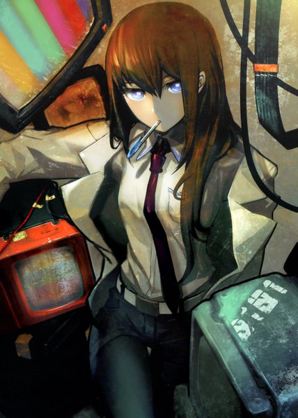 Anime picture 4028x5648 with steins;gate white fox makise kurisu huke single long hair tall image looking at viewer highres blue eyes brown hair absurdres mouth hold girl thighhighs black thighhighs shirt necktie shorts wire (wires)