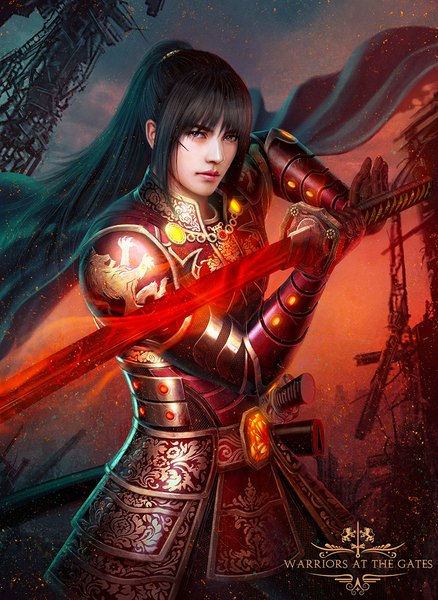 Anime picture 800x1095 with warriors at the gates daisake takamori mario wibisono (raynkazuya) single long hair tall image fringe black hair holding brown eyes payot upper body ponytail traditional clothes lips realistic inscription copyright name destruction warrior