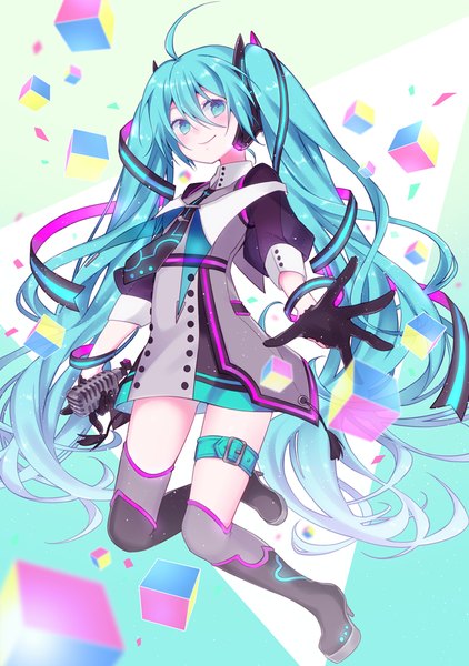 Anime picture 700x994 with vocaloid magical mirai (vocaloid) hatsune miku magical mirai miku magical mirai miku (2015) wogura single tall image blush fringe simple background smile hair between eyes twintails holding looking away full body ahoge bent knee (knees) very long hair