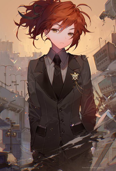 Anime picture 682x1000 with fate (series) fate/grand order fujimaru ritsuka (female) kawacy single tall image looking at viewer fringe short hair hair between eyes signed yellow eyes ahoge outdoors ponytail red hair long sleeves head tilt wind sunlight
