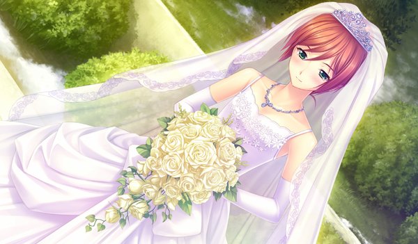 Anime picture 1024x600 with kimi ga ita kisetsu isumi marika blush short hair wide image green eyes game cg red hair girl dress flower (flowers) bouquet wedding dress