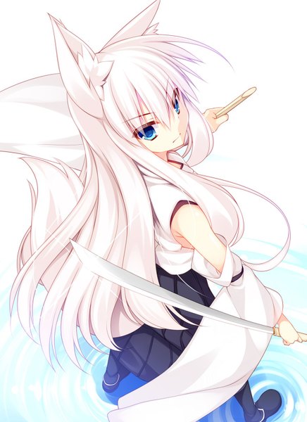 Anime picture 1200x1650 with original roshin single long hair tall image looking at viewer fringe blue eyes simple background hair between eyes standing white background holding animal ears full body ahoge white hair tail long sleeves traditional clothes