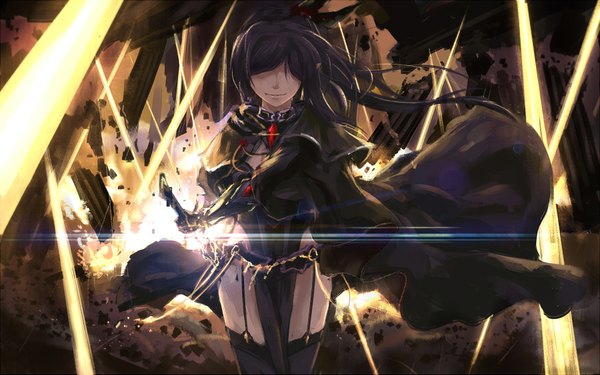 Anime picture 1800x1125 with original pixiv fantasia pixiv fantasia fallen kings c.z. single long hair highres black hair hair over eyes explosion girl thighhighs gloves weapon black thighhighs sword armor cape