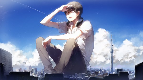 Anime picture 1500x843 with nico nico singer shoose rella single fringe short hair open mouth smile brown hair wide image sitting brown eyes sky cloud (clouds) teeth city cityscape open collar giant boy