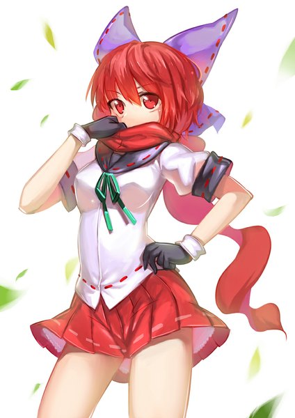 Anime picture 707x1000 with touhou sekibanki bobomaster single tall image looking at viewer short hair red eyes red hair hand on hip girl skirt gloves bow hair bow scarf leaf (leaves) red skirt