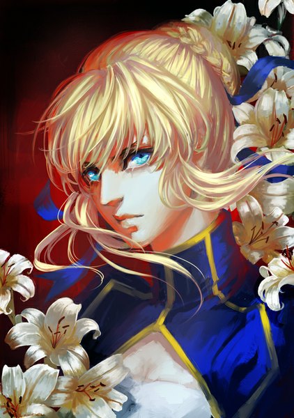 Anime picture 563x800 with fate (series) fate/stay night type-moon artoria pendragon (all) saber sun dou single tall image looking at viewer fringe short hair blue eyes simple background blonde hair braid (braids) wind hair bun (hair buns) red background braided bun girl