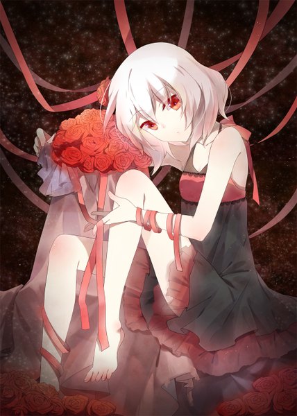 Anime picture 1000x1400 with original moca (p0ckylo) single tall image looking at viewer short hair red eyes bare shoulders white hair girl flower (flowers) ribbon (ribbons) petals rose (roses) bouquet