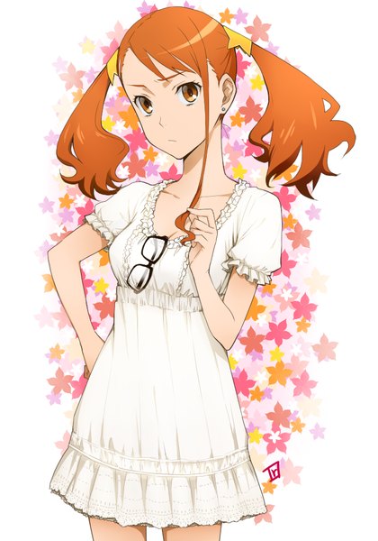 Anime picture 700x1000 with ano hi mita hana no namae wo bokutachi wa mada shiranai a-1 pictures anjou naruko chimachi single long hair tall image looking at viewer twintails orange hair orange eyes girl dress glasses sundress