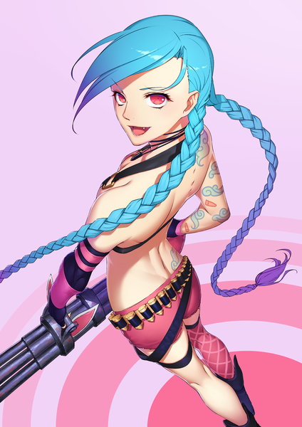Anime picture 1736x2455 with league of legends jinx (league of legends) daye bie qia lian single tall image looking at viewer highres open mouth red eyes twintails braid (braids) very long hair aqua hair tattoo back girl thighhighs weapon shorts gun