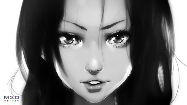 Anime picture 1920x1080 with original tom skender single looking at viewer highres open mouth black hair simple background wide image white background monochrome close-up face girl
