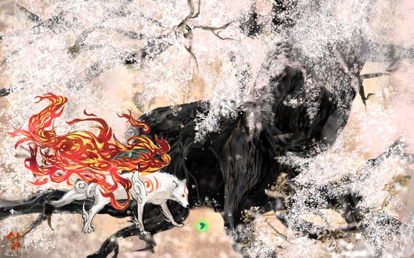 Anime picture 1600x1000 with okami amaterasu (okami) junko (atrist) wide image glowing plant (plants) animal tree (trees) branch fire wolf roots