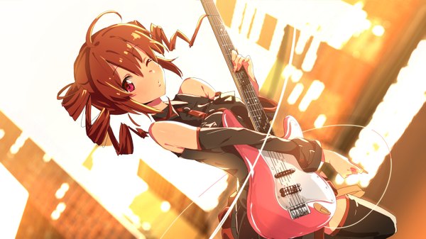 Anime picture 1600x900 with utau kasane teto domo1220 single looking at viewer fringe short hair red eyes brown hair wide image one eye closed wink playing instrument girl thighhighs detached sleeves musical instrument guitar