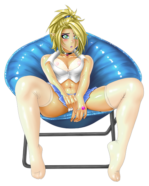 Anime picture 6000x7500 with original ronin dude (ray cornwell) single tall image blush fringe highres short hair light erotic blonde hair sitting green eyes absurdres ponytail pointy ears hair over one eye pantyshot no shoes lipstick cameltoe
