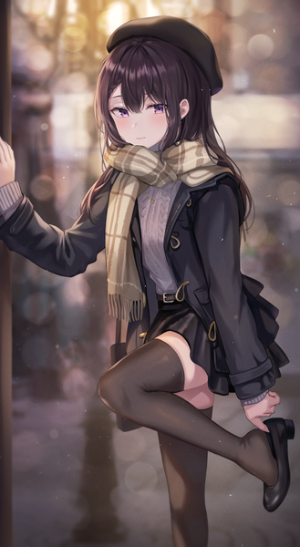 Anime picture 1860x3387 with original tokkyu single long hair tall image looking at viewer blush fringe highres blue eyes black hair hair between eyes standing outdoors blurry open jacket depth of field zettai ryouiki lens flare standing on one leg