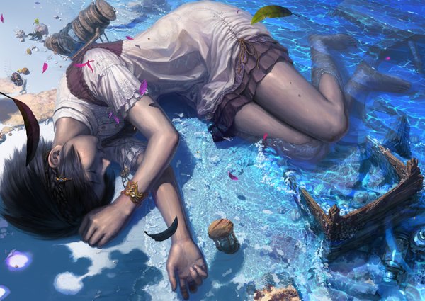 Anime picture 3486x2473 with original reishin single highres short hair black hair absurdres braid (braids) eyes closed barefoot realistic partially submerged girl dress flower (flowers) animal water bracelet leaf (leaves) clock