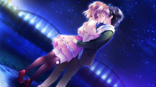Anime picture 1920x1080 with golden marriage ensemble (studio) tange kasumi highres short hair black hair brown hair wide image game cg eyes closed night couple hug kiss girl thighhighs dress boy black thighhighs