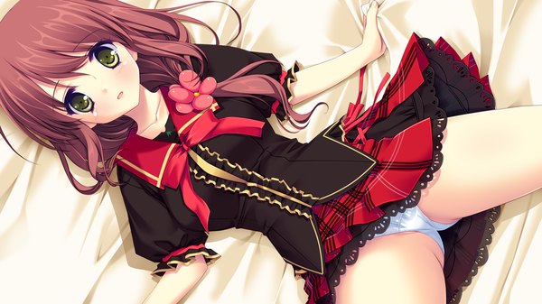 Anime picture 1024x576 with lovely quest single long hair looking at viewer blush open mouth light erotic brown hair wide image yellow eyes game cg lying on back pantyshot girl skirt uniform hair ornament underwear panties