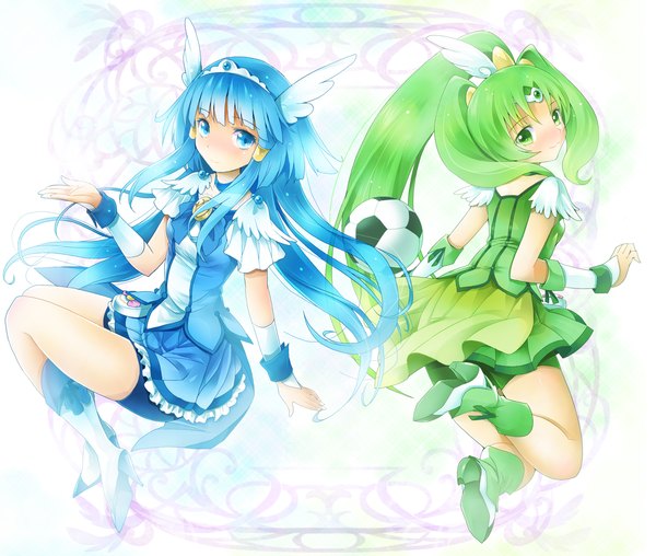 Anime picture 1179x1000 with precure smile precure! toei animation aoki reika midorikawa nao cure beauty cure march michii yuuki long hair blue eyes smile multiple girls green eyes blue hair ponytail green hair head wings girl dress 2 girls