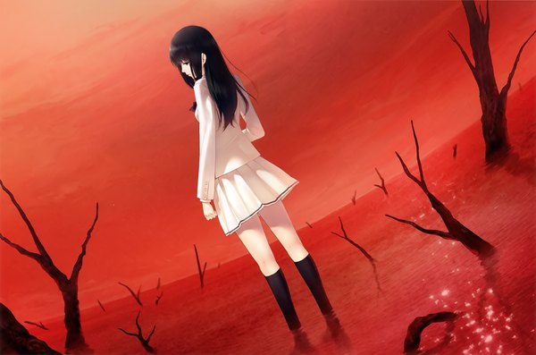 Anime picture 4000x2647 with kara no shoujo innocent grey kuchiki toko sugina miki single long hair highres black hair standing looking away absurdres sky pleated skirt from behind black eyes scan official art partially submerged red background bare tree