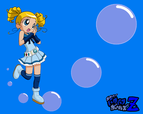 Anime picture 1280x1024 with powerpuff girls z toei animation rolling bubbles goutokuji miyako single open mouth blue eyes blonde hair standing full body copyright name drill hair standing on one leg girl thighhighs dress short dress bubble (bubbles)