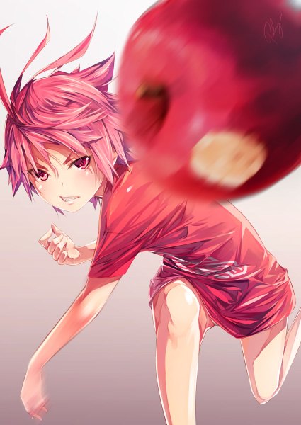 Anime picture 850x1200 with original re lucy single tall image looking at viewer blush short hair simple background standing pink hair pink eyes pink background clenched teeth girl fruit apple bitten apple