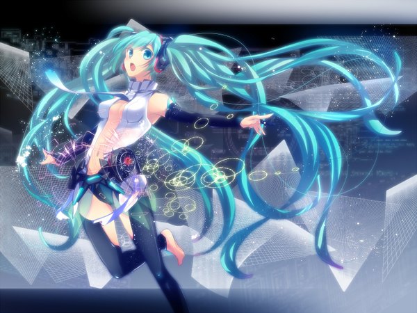 Anime picture 1600x1200 with vocaloid vocaloid append hatsune miku hatsune miku (append) haru aki single long hair open mouth twintails green eyes nail polish barefoot green hair girl thighhighs gloves necktie elbow gloves fingerless gloves