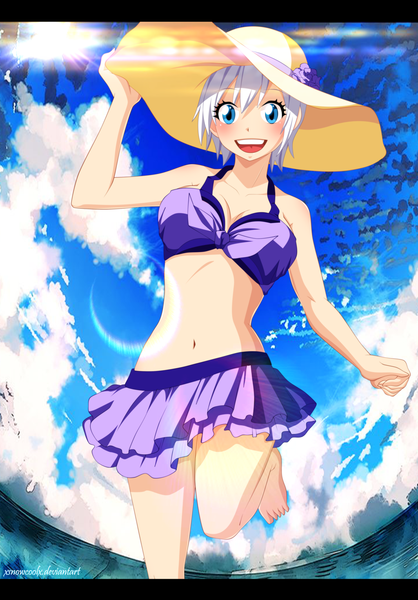 Anime picture 1024x1470 with fairy tail lisanna strauss xsnowcoolx single tall image blush short hair open mouth blue eyes light erotic smile sky cloud (clouds) white hair sunlight coloring sunbeam girl navel swimsuit