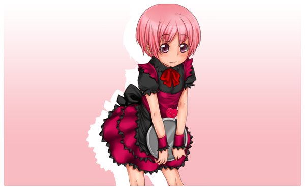 Anime picture 1280x800 with to aru majutsu no index j.c. staff tsukuyomi komoe single looking at viewer fringe short hair wide image standing holding pink hair pink eyes short sleeves leaning leaning forward pink background waitress girl dress heart