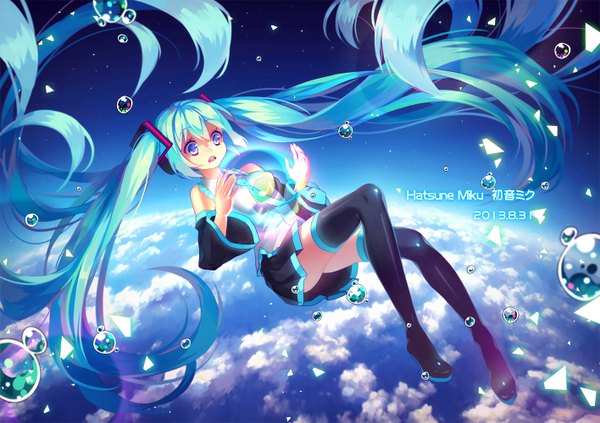 Anime picture 1416x1000 with vocaloid hatsune miku sougishi ego single looking at viewer open mouth blue eyes twintails cloud (clouds) very long hair aqua hair girl skirt detached sleeves necktie thigh boots bubble (bubbles)