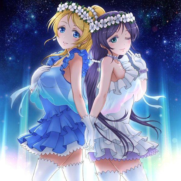 Anime picture 1024x1024 with love live! school idol project sunrise (studio) love live! toujou nozomi ayase eli rymerge long hair blush blue eyes blonde hair multiple girls blue hair one eye closed wink night girl thighhighs dress gloves 2 girls