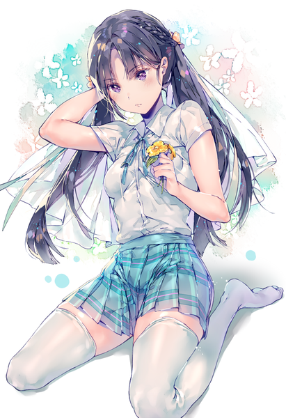 Anime picture 580x846 with original dsmile single long hair tall image blush fringe black hair sitting purple eyes twintails no shoes looking down arm behind head girl thighhighs uniform flower (flowers) school uniform white thighhighs