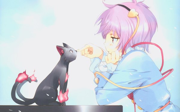 Anime picture 1920x1200 with touhou komeiji satori kaenbyou rin kaenbyou rin (cat) ueda ryou fringe highres short hair simple background sitting purple eyes purple hair tail profile blue background multiple tails girl dress animal belt