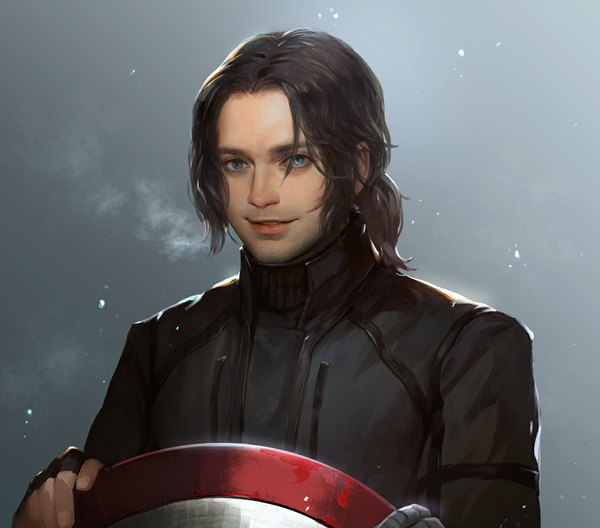 Anime picture 1038x915 with marvel comics captain america winter soldier (bucky) shitsu soku k single long hair looking at viewer blue eyes black hair simple background smile sunlight realistic grey background bristle boy gloves jacket shield