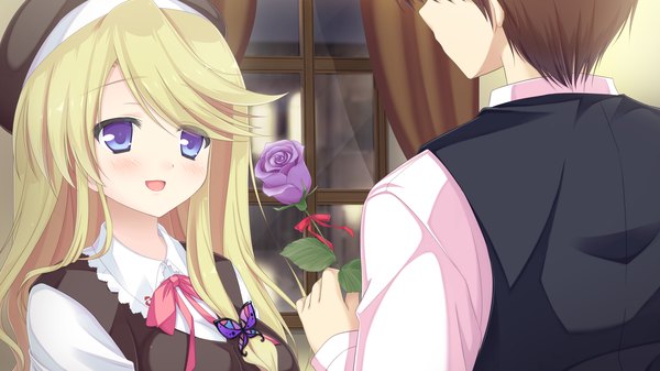 Anime picture 2560x1440 with mizu no miyako no patisserie long hair blush highres open mouth blue eyes blonde hair wide image game cg girl flower (flowers) insect butterfly beret