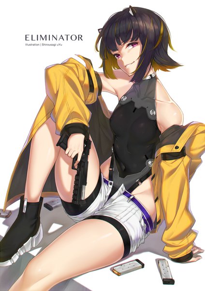 Anime picture 707x1000 with original uyu (keyakinoki) single tall image looking at viewer short hair light erotic black hair simple background smile white background sitting bare shoulders holding head tilt pink eyes multicolored hair inscription arm support open jacket