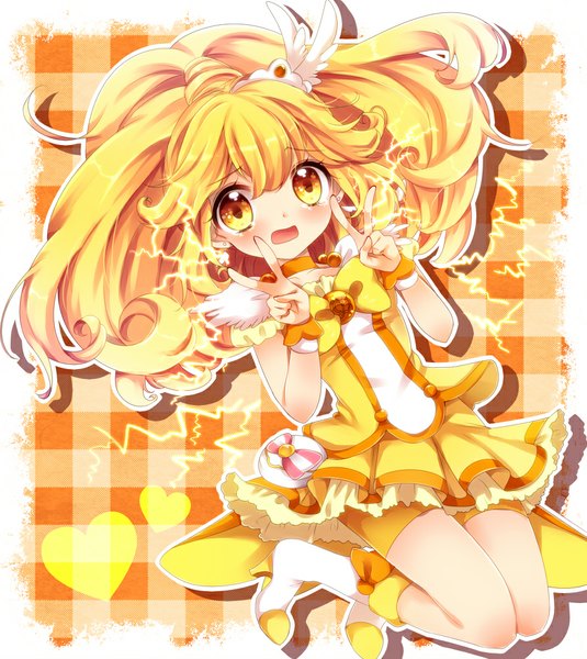 Anime picture 892x1000 with precure smile precure! toei animation kise yayoi cure peace uzuki aki single long hair tall image looking at viewer blush open mouth blonde hair yellow eyes ponytail tears victory jumping plaid plaid background