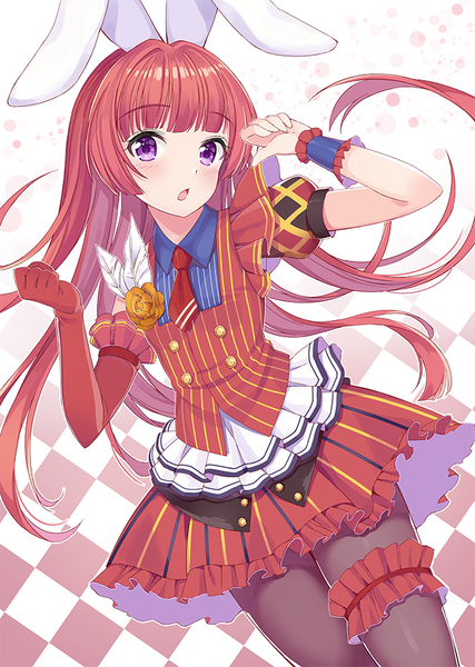 Anime picture 640x900 with puri para pretty (series) houjou sophie chobi (penguin paradise) single long hair tall image looking at viewer blush fringe open mouth simple background white background purple eyes animal ears red hair blunt bangs bunny ears dutch angle striped