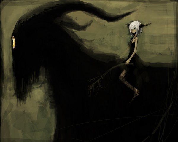 Anime picture 1504x1202 with toi (number8) looking at viewer fringe short hair green eyes white hair horn (horns) aqua eyes hair over one eye sketch riding branch monster