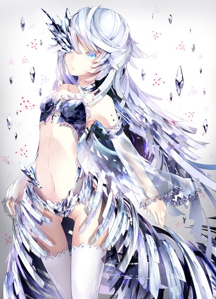 Anime picture 1450x2000 with original rooseputo 02 single long hair tall image light erotic white hair aqua eyes bare belly midriff personification girl thighhighs skirt detached sleeves white thighhighs crystal