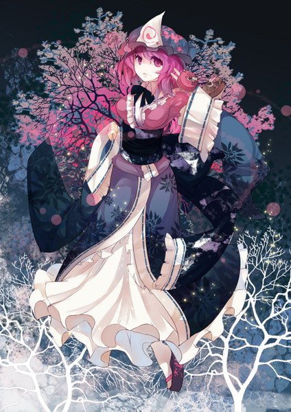 Anime picture 992x1403 with touhou saigyouji yuyuko rain lan single tall image looking at viewer short hair pink hair traditional clothes pink eyes girl plant (plants) tree (trees) bonnet